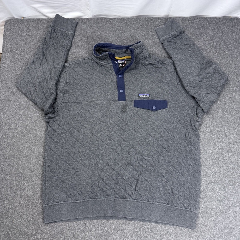 Patagonia Organic Cotton Snap Pullover Gray Sweatshirt XL Mens Pocket Stain